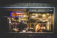 Bright “open” neon in the window of a Chinese restaurant. Original public domain image from Wikimedia Commons