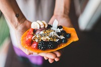 Papaya with blackcurrents &amp; strawberries muesli. Original public domain image from <a href="https://commons.wikimedia.org/wiki/File:Epicurrence_2016-02-12_(Unsplash).jpg" target="_blank">Wikimedia Commons</a>
