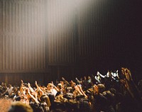 People raising their hand in the hall. Original public domain image from Wikimedia Commons