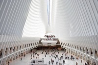 The crowded modern interior of the WTC Transportation Hub in New York City. Original public domain image from Wikimedia Commons