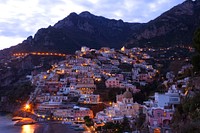 The small town on the side of a mountain in Positano, Italy. Original public domain image from Wikimedia Commons