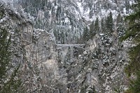 Trees on a mountain with a bridge in the center crossing a ravine near Neuschwanstein Castle. Original public domain image from Wikimedia Commons