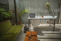 Industrial interior workspace with plants. Original public domain image from Wikimedia Commons