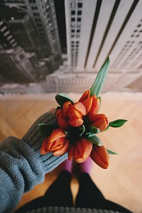 An overhead shot of a person's hand holding a bouquet of orange tulips. Original public domain image from Wikimedia Commons
