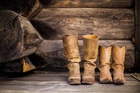 Two pairs of worn in cowboy boots set in front of wooden logs. Original public domain image from <a href="https://commons.wikimedia.org/wiki/File:Cowboy_shoes_in_a_cabin_(Unsplash).jpg" target="_blank">Wikimedia Commons</a>