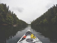 The bow of a white kayak on a tree-lined river in Bamfield. Original public domain image from Wikimedia Commons