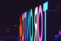 The colorful sign reads "TORONTO" is inverted in Nathan Phillips Square.. Original public domain image from Wikimedia Commons