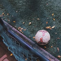 View over the fence on the soccer ball sitting on a green turf pitch. Original public domain image from <a href="https://commons.wikimedia.org/wiki/File:Football_on_fall_ground_(Unsplash).jpg" target="_blank" rel="noopener noreferrer nofollow">Wikimedia Commons</a>