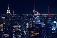 The New York City Skyline and skyscraper lights in the dead of night. Original public domain image from Wikimedia Commons