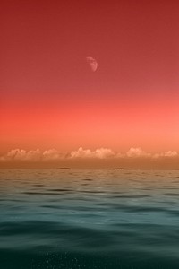 The sky and sea appear in gradients on a cloudy day, as a hazy moon rises. Original public domain image from Wikimedia Commons