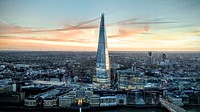 The Shard skyscraper against the skyline of London during sunset. Original public domain image from Wikimedia Commons