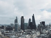 Skyscrapers in the skyline of London on a cloudy day. Original public domain image from Wikimedia Commons