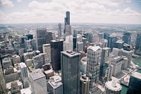 A cityscape with high-rises in Chicago on a bright day. Original public domain image from Wikimedia Commons