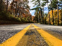 A low-angle shot of an empty asphalt road with several autumn leaves on it. Original public domain image from Wikimedia Commons