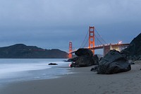 Golden Gate bridge in San Francisco from the beach. Original public domain image from Wikimedia Commons