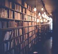 Library with filled bookshelves and blurred light bulbs hanging from the ceiling. Original public domain image from Wikimedia Commons