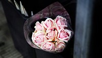 A bouquet of pink roses wrapped in cellophane. Original public domain image from <a href="https://commons.wikimedia.org/wiki/File:Pink_rose_bouquet_(Unsplash).jpg" target="_blank" rel="noopener noreferrer nofollow">Wikimedia Commons</a>