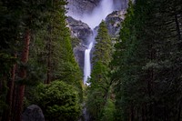 A frothy waterfall pouring down a rock formation in Yosemite Valley. Original public domain image from Wikimedia Commons