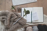 Crochet tools and notebook. Original public domain image from Wikimedia Commons