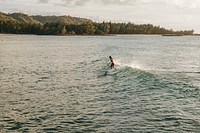 A lone surfer riding a small wave in a green ocean in Turtle Bay Resort. Original public domain image from <a href="https://commons.wikimedia.org/wiki/File:Surfer_at_Turtle_Bay_Resort_(Unsplash).jpg" target="_blank" rel="noopener noreferrer nofollow">Wikimedia Commons</a>