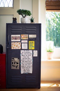 Interior design with gray metal locker covered in motivational signs near potted plants and a sunny window. Original public domain image from Wikimedia Commons