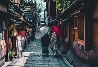 Women in traditional Japanese clothing in Kyoto, Japan. Original public domain image from Wikimedia Commons