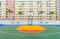 Basketball field near high concrete building. Original public domain image from Wikimedia Commons