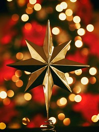 Single gold star in a center with unfocused Christmas lights and flowers behind at Christmastime. Original public domain image from Wikimedia Commons