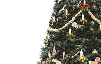 A festive, nicely decorated Christmas tree stands against a white background. Original public domain image from Wikimedia Commons