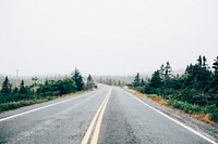 Foggy road alongside with trees and grass fields. Original public domain image from Wikimedia Commons