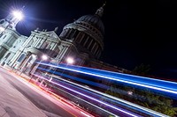 Light trails of a bus passing by the St Pauls Church in London. Original public domain image from Wikimedia Commons