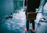 A man in dark clothing and red converse chucks with a leather satchel looking at a river of ducks from a stony pavement. Original public domain image from Wikimedia Commons