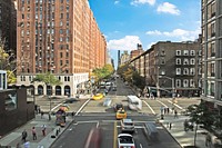 New York City intersection with taxis, cars, and buses driving and people walking. Original public domain image from Wikimedia Commons