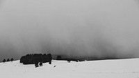 A black and white photo of mountains and snow covered fields in New Mexico. Original public domain image from Wikimedia Commons