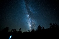 Milky way galaxy in front of a black forest at night. Original public domain image from Wikimedia Commons