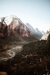 View of a valley in Zion National Park with a river flowing on its floor. Original public domain image from Wikimedia Commons