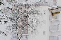 A snow covered tree in front of a white coloured apartment at Les 2 Alpes. Original public domain image from Wikimedia Commons