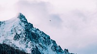 A paraglider in the sky over a snow-covered mountain. Original public domain image from Wikimedia Commons
