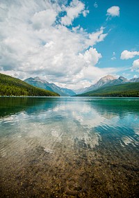 The clear surface of Two Medicine Lake near mountains. Original public domain image from Wikimedia Commons