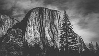 Black and white shot of El Capitan rock in Yosemite Park with trees in front. Original public domain image from <a href="https://commons.wikimedia.org/wiki/File:The_Captain_(Unsplash).jpg" target="_blank" rel="noopener noreferrer nofollow">Wikimedia Commons</a>