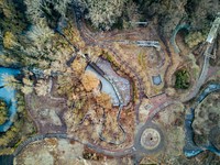 A drone shot of streams and dilapidated structures in a forest. Original public domain image from <a href="https://commons.wikimedia.org/wiki/File:Spreepark_Berlin_by_my_Drone_1_(Unsplash).jpg" target="_blank" rel="noopener noreferrer nofollow">Wikimedia Commons</a>