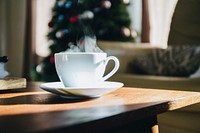 A steaming hot cup of coffee at Christmastime in Chicago. Original public domain image from Wikimedia Commons