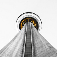A low-angle shot of the tall CN tower in Toronto. Original public domain image from Wikimedia Commons