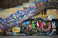 Urban stairs and railing with colorful grunge graffiti covered walls. Original public domain image from Wikimedia Commons
