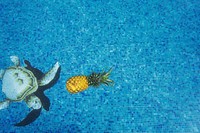 Swimming pool floor with turtle and pineapple tiles. Original public domain image from <a href="https://commons.wikimedia.org/wiki/File:Grand_Sirenis,_Mexico_(Unsplash_zAqtmSpBYQ8).jpg" target="_blank">Wikimedia Commons</a>