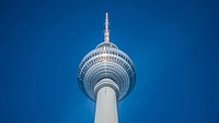 Low-angle shot of Space Needle tower, Germany. Original public domain image from <a href="https://commons.wikimedia.org/wiki/File:Blue_sky_with_FERNSEHTURM_(Unsplash_HVUIDheY7_E).jpg" target="_blank">Wikimedia Commons</a>