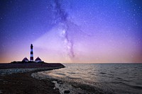 Lighthouse with purple starry sky. Original public domain image from Wikimedia Commons