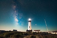 Beautiful milky way with a beaming lighthouse. Original public domain image from <a href="https://commons.wikimedia.org/wiki/File:Pigeon_Point_Lighthouse,_Pescadero,_United_States_(Unsplash).jpg" target="_blank">Wikimedia Commons</a>