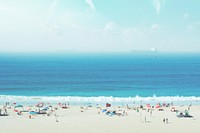 Crowded Copacabana sand beach with a large ship on the horizon. Original public domain image from Wikimedia Commons