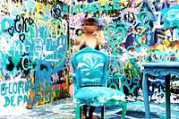 Aqua coloured chair and table in room with wall covered in graffiti, MATE Museo Mario Testino. Original public domain image from <a href="https://commons.wikimedia.org/wiki/File:Random_abstract_art_(Unsplash).jpg" target="_blank" rel="noopener noreferrer nofollow">Wikimedia Commons</a>